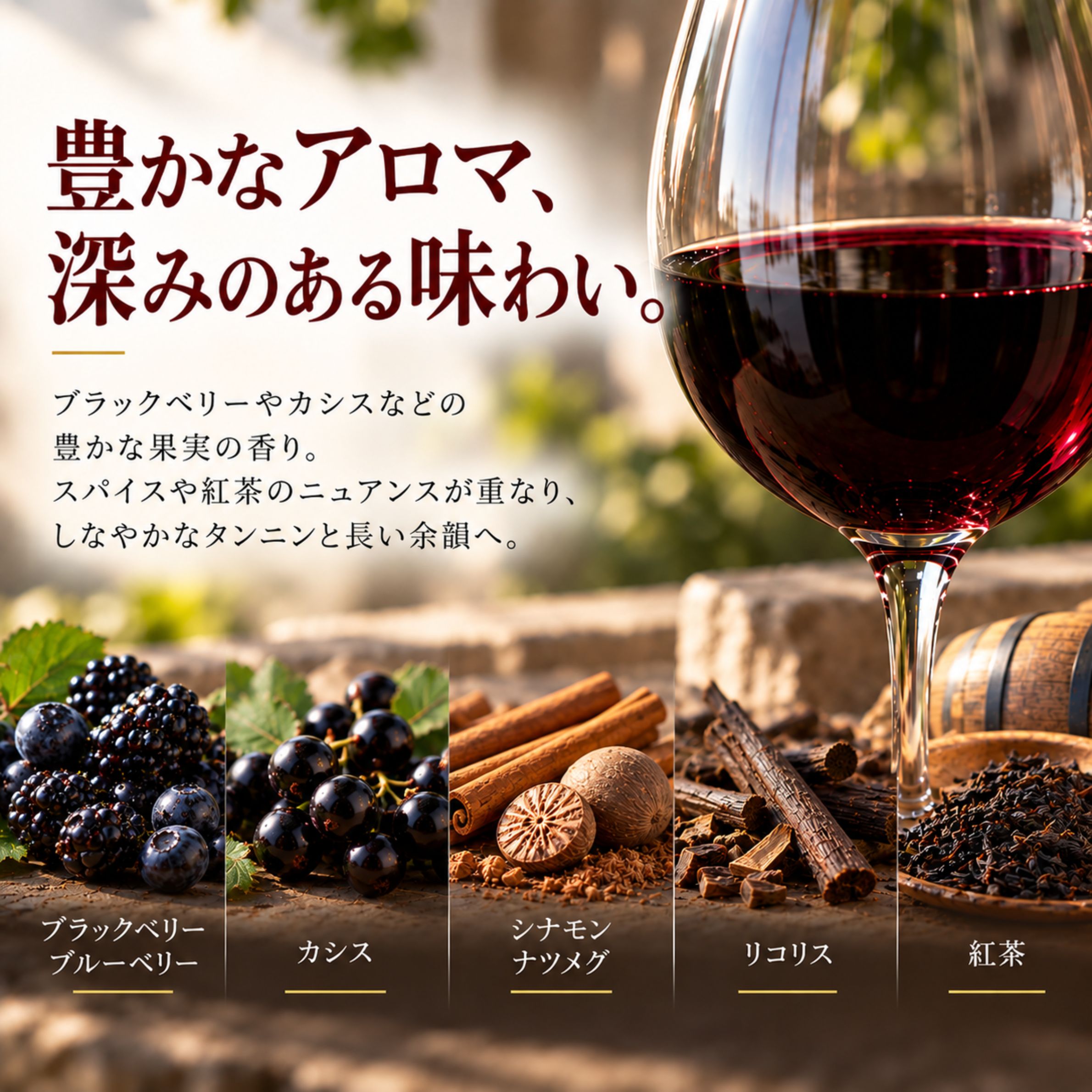 ブラックベリーやカシス、シナモン、リコリス、紅茶の香りが広がる味わい
