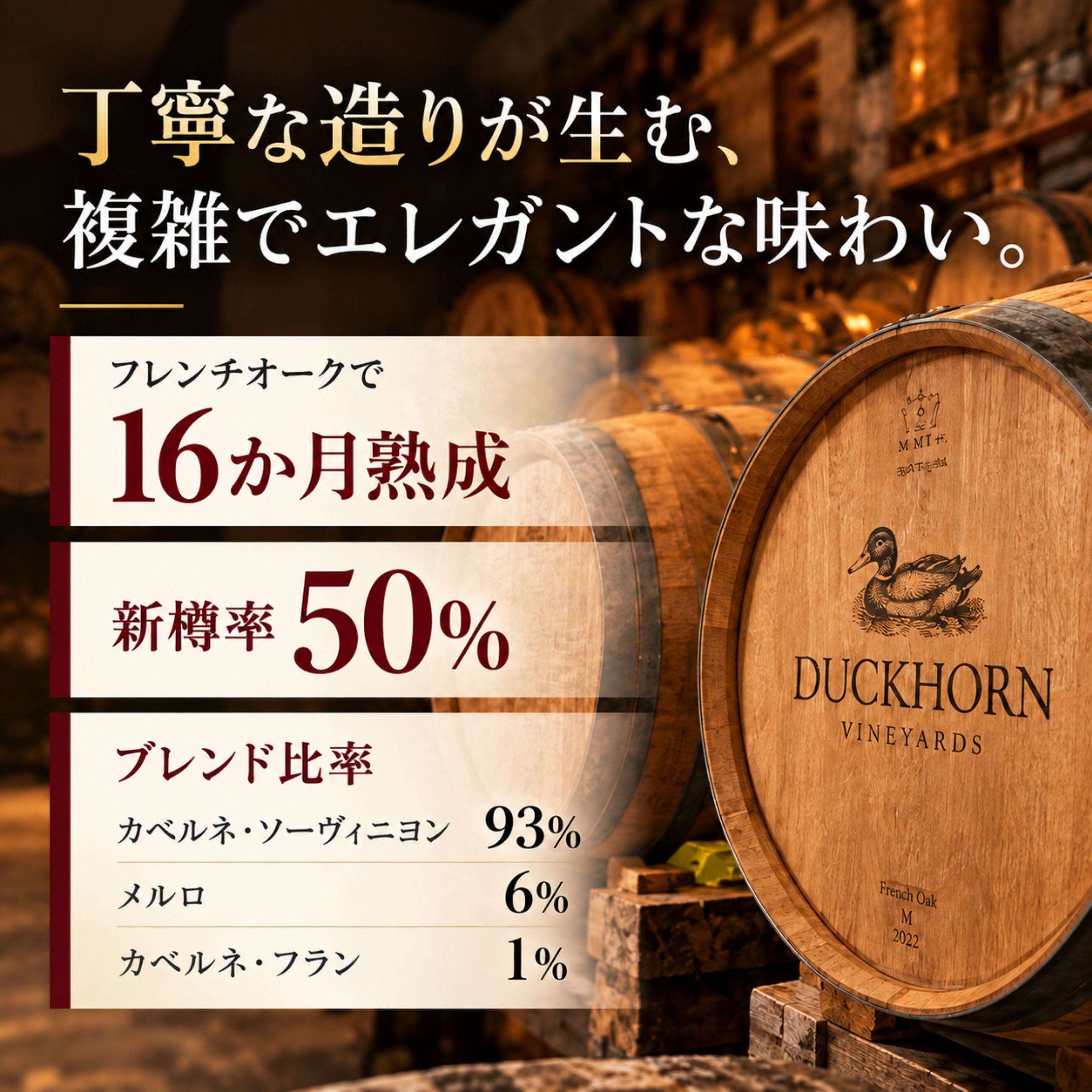 フレンチオークで16か月熟成・新樽率50% カベルネ・ソーヴィニヨン93% メルロ6% カベルネ・フラン1%