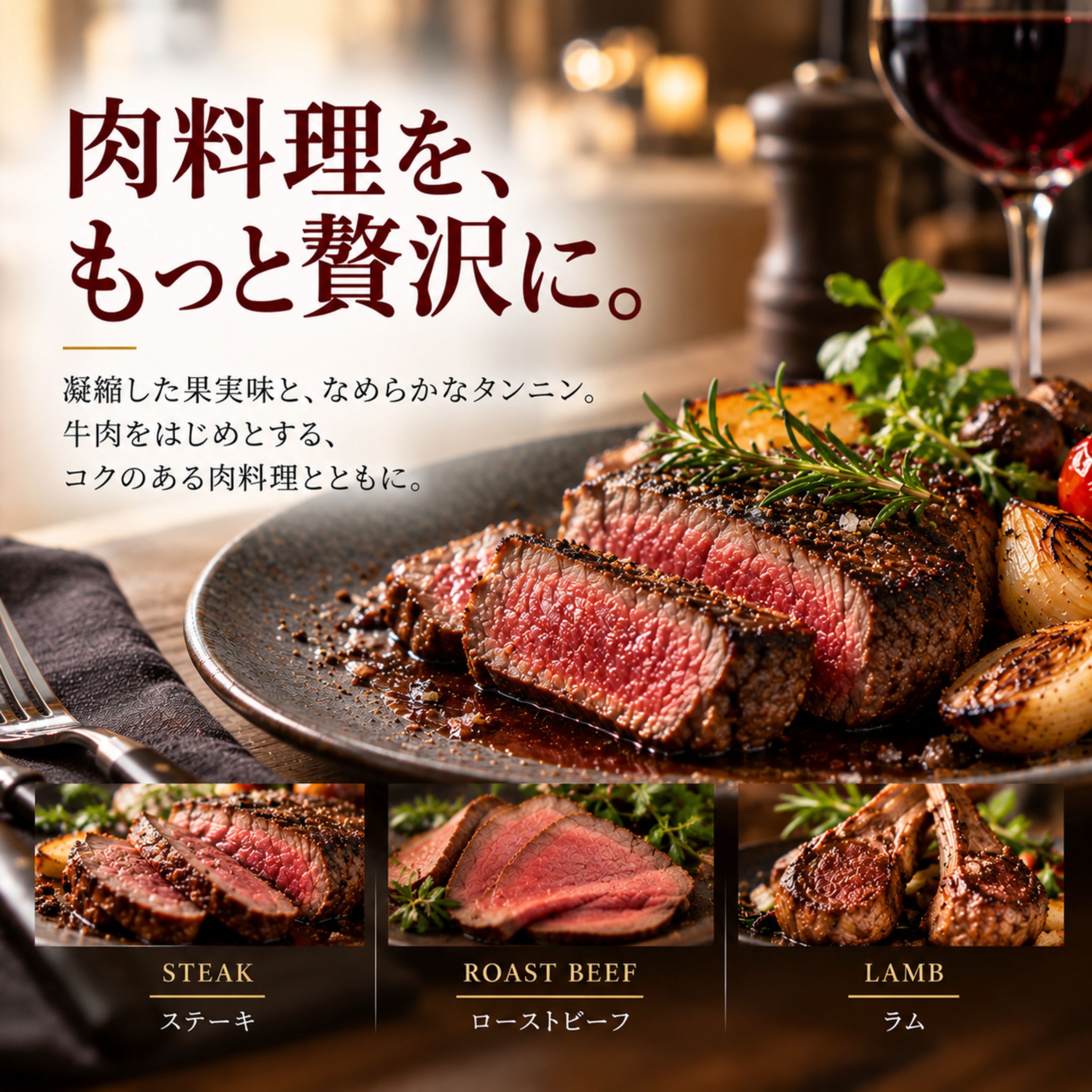 ステーキやローストビーフ、ラムなど肉料理に合うカベルネ・ソーヴィニヨン